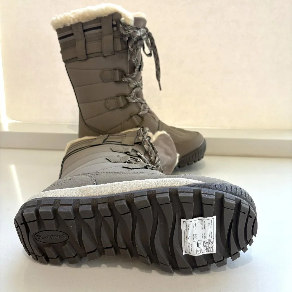 Bearpaw Desdemona Lace Up Tall Boots Leather Faux Fur Stone Gray Size 7 NEW